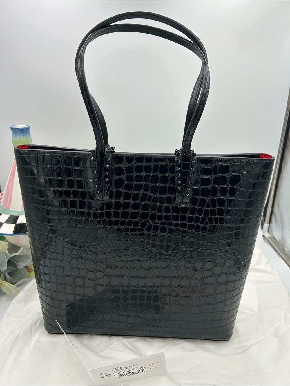 Women's Christian Louboutin cabata  tote in black croc embossed patent leather